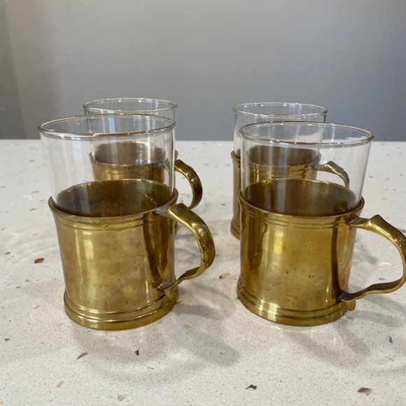 RARE 4 Schott Mainz Jena Glass Tea Mugs with Solid Brass Holders - Picture 2 of 4